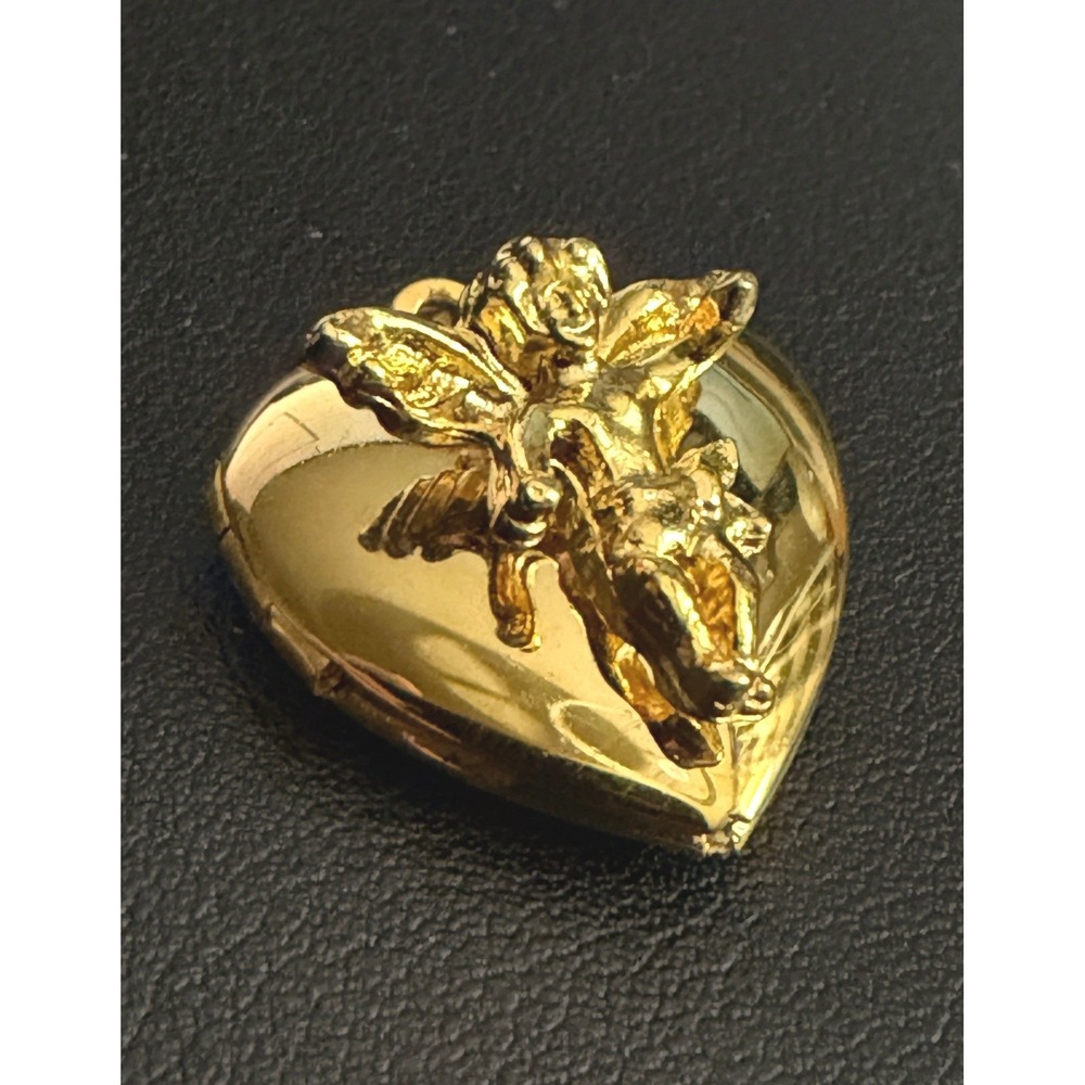 Heart Locket Pendant Gold Tone 3D Cherub Angel Romantic
